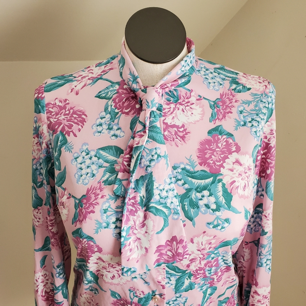 Vintage Tie-bow Floral Print Button Front Long Sleeve Blouse Pink Green - Picture 3 of 11